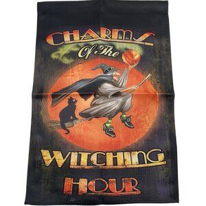 Witch on Broom Stick Garden Flag Halloween Party Banner Fall Decor Black Cat